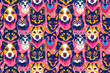 Colorful pop art cats and dogs pattern on a pink background