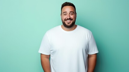 joyful young hispanic plus size body positive male man boy guy 30s in white blank design casual t-sh