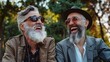 A cheerful senior with a stylish beard and sunglasses, alongside a hipster, both laughing in a park setting, natural lighting