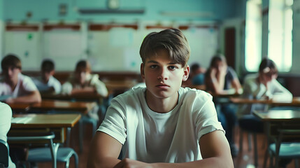 teenage student sits for an exam in the school hall, camera behind him