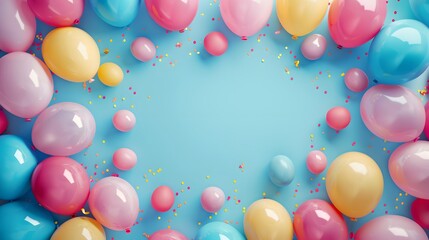 Wall Mural - Festive Birthday Celebration Frame with Balloons and Confetti with pastel blue background