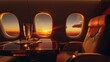 Passenger Enjoyment: Show passengers inside the private jet, enjoying the sunset view through large windows, sipping champagne, or relaxing in luxurious seating. Generative AI