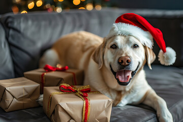 Poster - happy dog in santa claus hat celebrating christmas holiday at home lifestyle