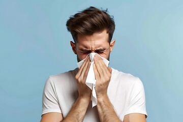 young man blowing nose in tissue with flu isolated on blue background, seasonal allergies