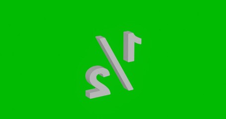 Poster - Animation of rotation of a white half fraction symbol with shadow. Simple and complex rotation. Seamless looped 4k animation on green chroma key background