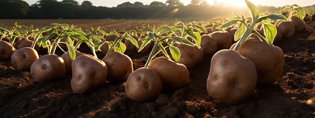 Wall Mural - Lush potato plants thriving in a sunlit field, promising a bountiful harvest.