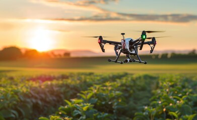 Smart agricultural drone flying over a field, capturing data for precision farming, emphasizing technology impact on agriculture.