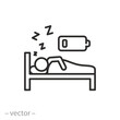 tired man sleep on bed icon, battery person energy charging, night rest and recovery,  low charge human, thin line symbol on white background - vector illustration