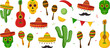 Cinco de Mayo party, mexican fiesta decoration icon. Guitar and sombrero, cactus and maraca, garland pepper, skull, mustache. Mexico, latino, spanish holiday sticker set. Cartoon vector illustration