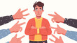 Sad depressed ashamed man surrounded by hands pointing