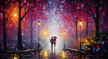 A Painting Of A Couple Walking Under An Umbrella In The Rain Under A Street Light With Colorful Trees And Street Lamps