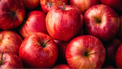 Poster - fruit in market or farm concept, on top view of a group of ripe red apple fruits closely packed together in basket