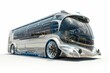 Sleek modern bus with chrome detailing on a white background.
