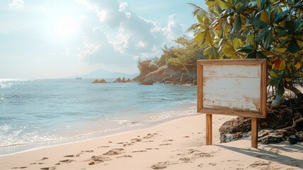 Sticker - Wooden sign stands against the backdrop of a serene tropical beach, offering a blank canvas. Evoking ideas of summer vacations and the beauty of nature.