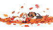 Two funny dogs playing in an autumn fallen leafs pile