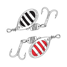 Fishing hook wobbler vector illustration tackle set. Metal fly gudgeon spinner lure feeding. Bait minnow line drawing. Ink silhouette. Spoon angler tool black outline 