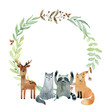 Baby shower card. Vector watercolor woodland wreath with animals.