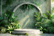 A stone podium with tropical plants and sunlight on a concrete wall background. Created with Ai