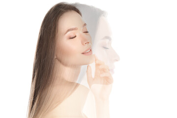 Poster - Double exposure of beautiful young woman on white background