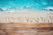 Beach sand and cyan wooden background with copy space for summer vacation concept, text on the right side