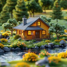 A Small Yellow Cottage Sits On The Edge Of A River. The Cottage Has A Gray Roof And A Small Porch. There Are Trees And Flowers All Around The Cottage. The River Is Flowing Peacefully In The Background