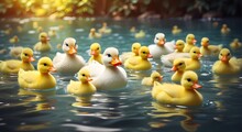 A Group Of White Baby Ducks Swims With A Gorgeous Yellow Rubber Duck Floating On The Water's Surface. 