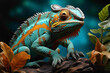 A majestic chameleon, its body adorned in gradients of turquoise and gold, contrasted against a smooth yellow backdrop. 