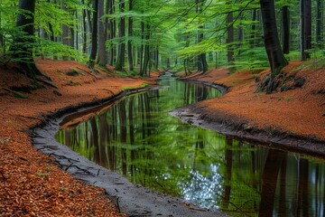  A babbling brook winds its way through a lush green forest.