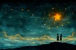A boy and a girl are standing on a hill, looking up at a large star in the night sky.
