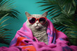 A cute cat wearing a towel and sunglasses, nestled in a vibrant pink towel, surrounded by tropical leaves against a pop inspo backdrop.