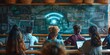 © Thares2020 - Students Utilizing Digital Learning Tools in Classroom Setting With Wi Fi Symbol Projected on Board