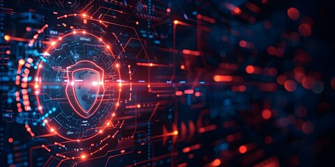 Poster - advanced driven cybersecurity system visualized as a powerful digital shield blocking malware and ph