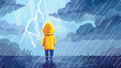 Boy kid scared of thunder lightning walking outdoors 