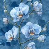 Fototapeta Kwiaty - Blue background with monochrome orchid flowers, hand-painted watercolor illustration