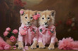 Witness the charm of two tiny lions, dressed in their most adorable suits, creating joy on a pretty pink canvas.