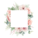 Fototapeta  - Dusty pink roses flowers and eucalyptus leaves. Watercolor vector square floral frame. Wedding stationary, greetings, wallpapers, fashion, fabric, home decoration. Hand painted illustration.