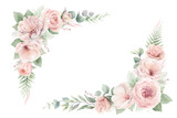Fototapeta  - Watercolor vector floral frame border with pink roses flowers, eucalyptus branches and texture. Perfect for wedding stationery, greetings, wallpapers, fashion. Hand painted illustration.