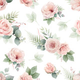 Fototapeta  - Watercolor vector floral seamless pattern. Pink roses flowers and eucalyptus leaves. Wrapping paper, textile, wedding design, digital scrapbooking, packaging, fabrics. Hand painted illustration.