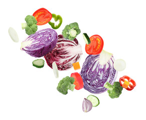 Wall Mural - Fresh vegetables and herbs in air on white background