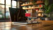 © ALL YOU NEED studio - 3D rendering of an online shopping concept with a laptop computer and a small trolley full of boxes on a wooden table in the style of an ecommerce store, online market or web bar service