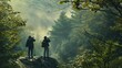 Birdwatchers in a mountain forest, observing avian life on Earth Day