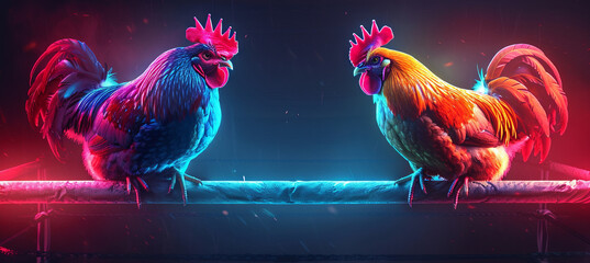 Wall Mural - cockfighting on the neon boxing ring