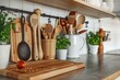 Modern kitchen countertop with domestic culinary utensils on it, home healthy cooking concept banner