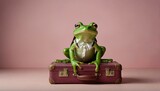 Fototapeta  - A contemplative frog resting on a burgundy vintage suitcase evokes feelings of nostalgia and wanderlust