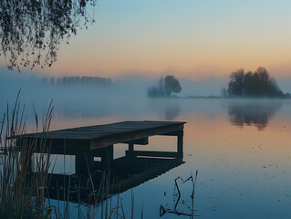 Wall Mural - Quiet lake before dawn in the mist, with smog