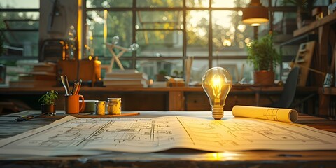 Poster - Architect s Workspace with Blueprints Models and Illuminating Ideas for Building Designs