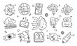 © Derariad - Generative artificial intelligence related icon set vector isolated. Doodle illustration, concept of modern technology. Chat bot, computer creates art. AI innovation. Video, audio and text creation.