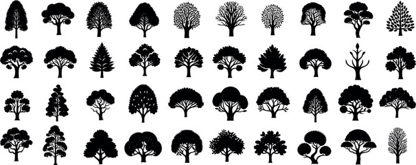 Wall Mural - tree silhouettes, diverse shapes, nature, environment. tree vector illustration,pine, oak, maple, fo