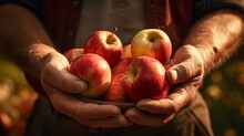 Agriculture Fruits, Apple Harvest Background - Close Up Of Hands Of Farmer Carrying Ripe Apples