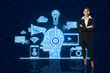 Poster - Happy young businesswoman with folded arms and creative robot chat GPT hologram on tech blue background. Customer support and artificial intelligence concept.